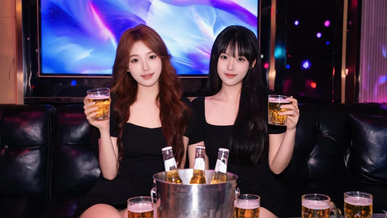 情境示意：兩位穿同款黑色短洋裝的女生在 KTV 包廂裡舉杯